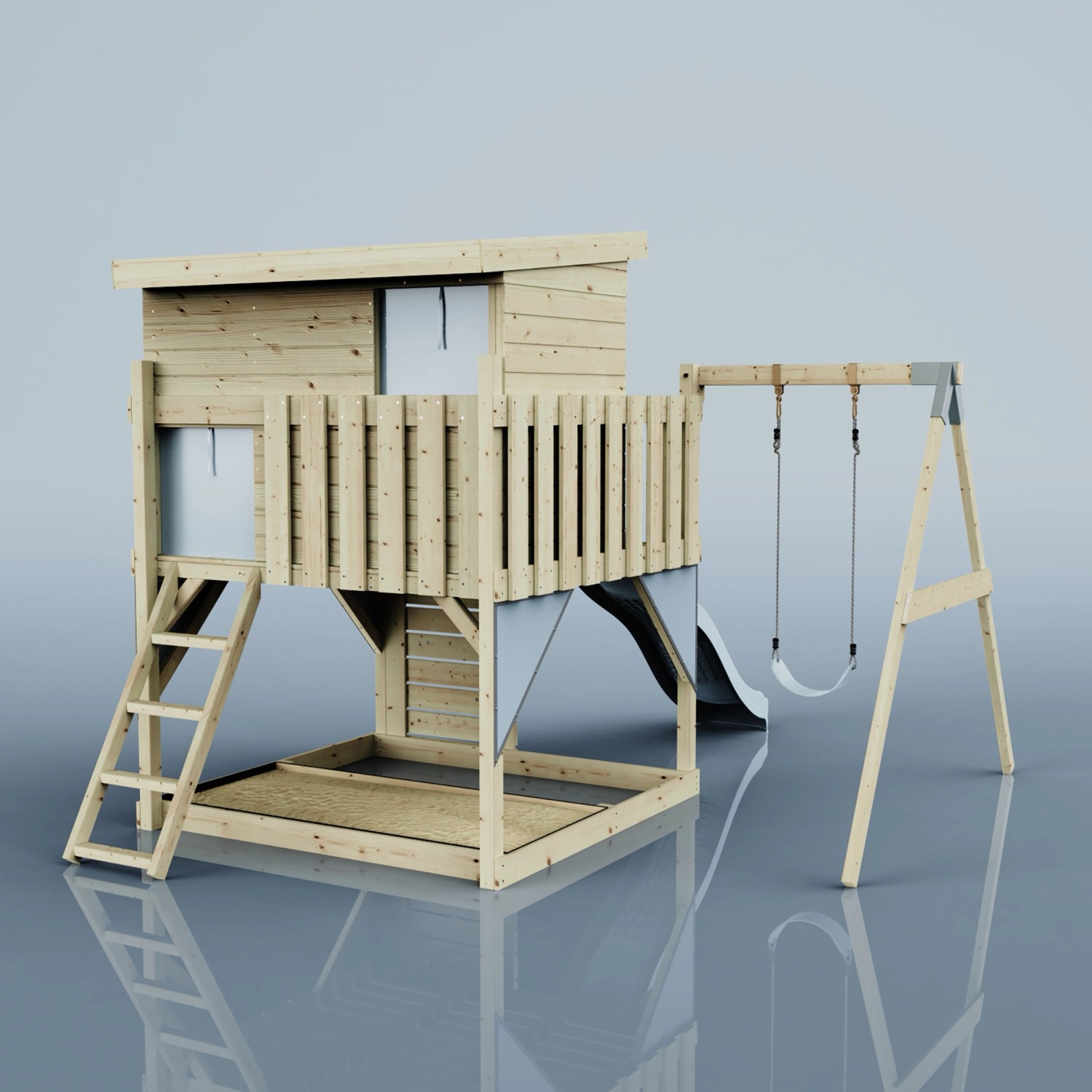 PolarPlay Spielturm Tjorven mit Schaukel und Rutsche aus Holz.