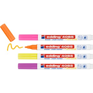 Edding Kreidemarker E-4085 Neon, 4er-Set: Stifte in Violett, Gelb, Orange und Pink für Tafeln.