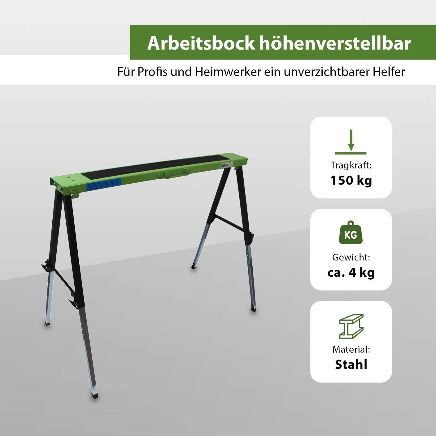 Klappbarer, höhenverstellbarer Arbeitsbock von TRUTZHOLM aus Stahl, grün und schwarz.