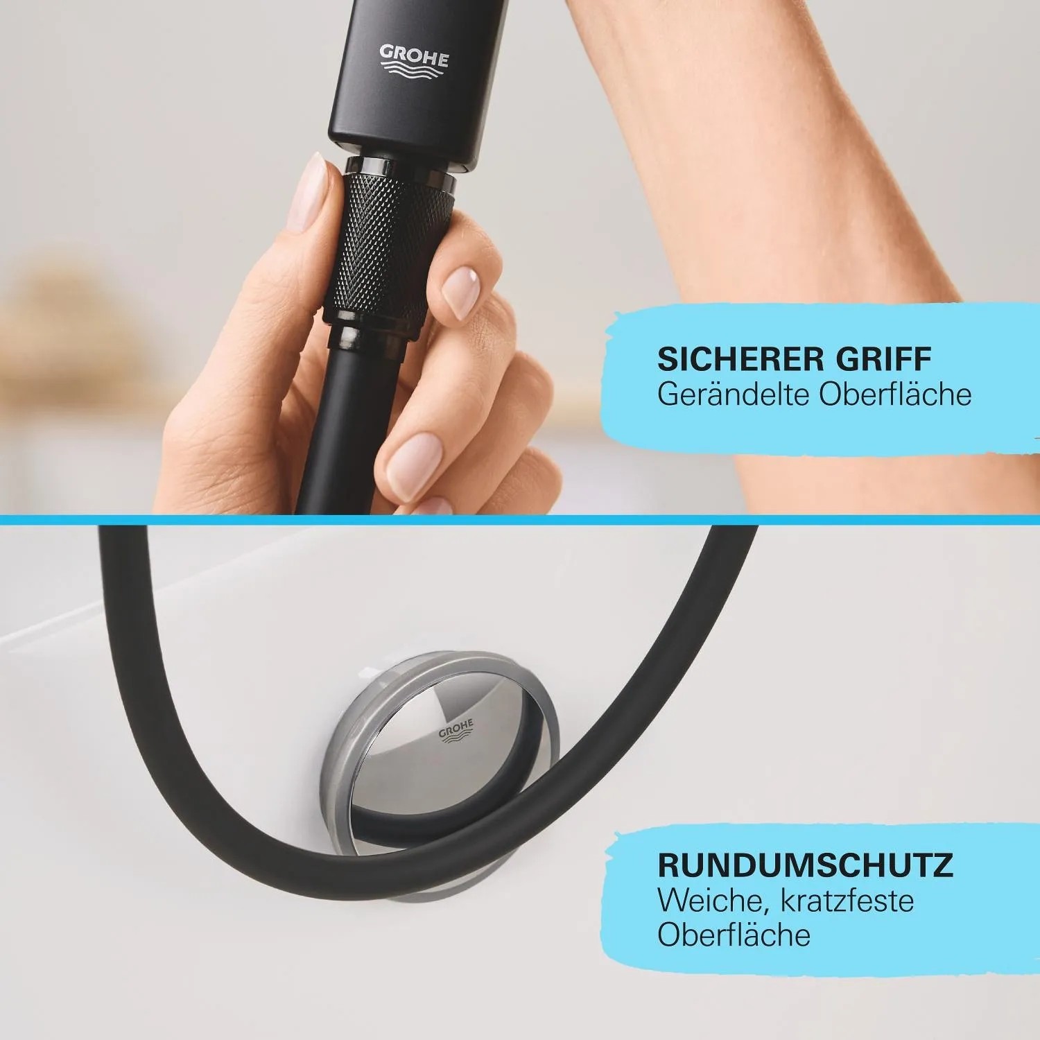 Grohe VitalioFlex Trend Brauseschlauch, 150 cm, Schwarz Matt, mit Details zu Griff und Oberfläche.