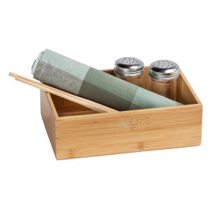 Badablage Terra L aus Bambus mit Servietten, Salz- und Pfefferstreuer.