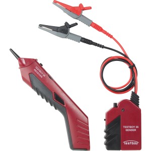 Testboy Leitungssucher-Set zum Auffinden von Leitungen, bestehend aus Sender, Empfänger und Adaptern.