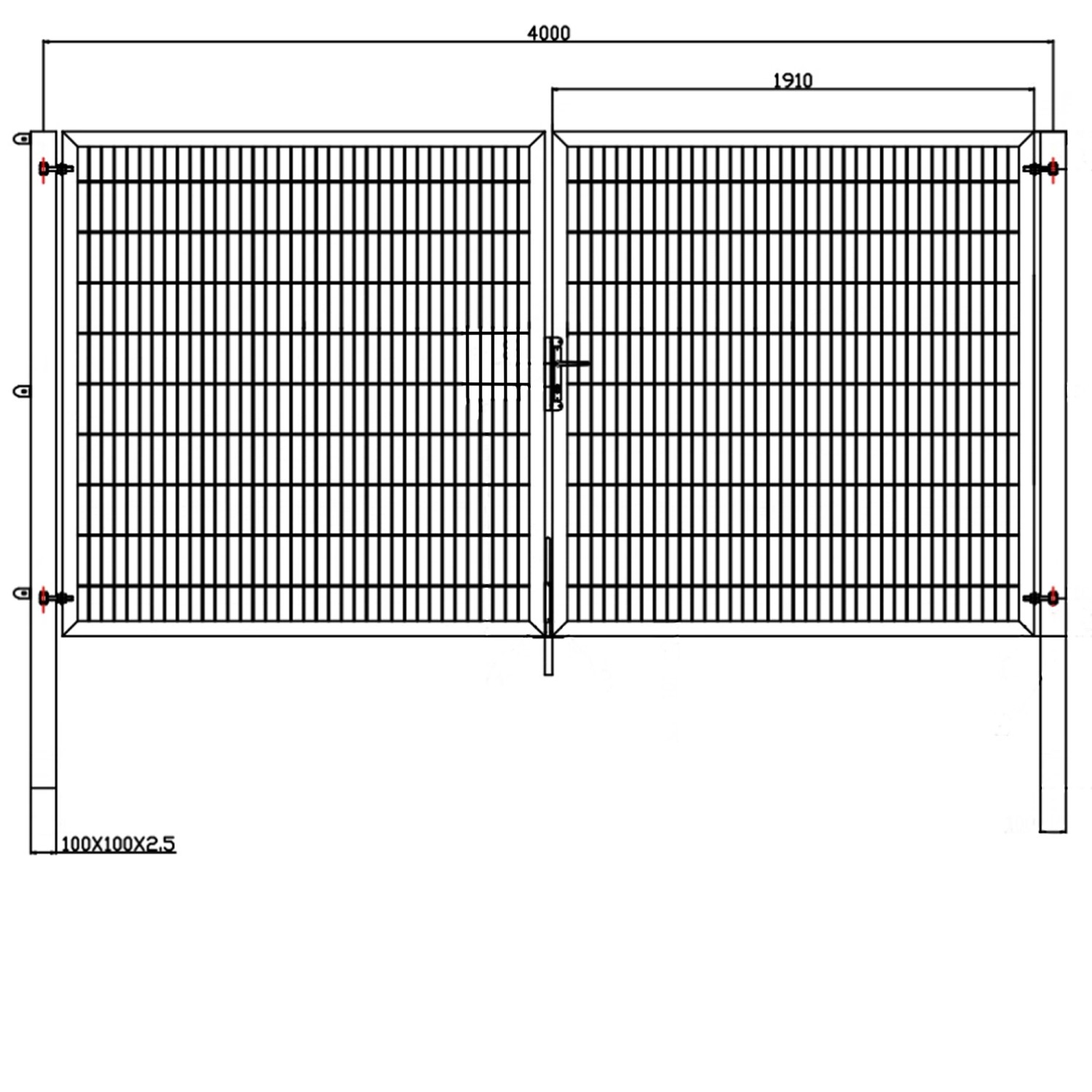 Draufsicht Gartentor Industrietor Doppelstabzaun anthrazit, 300x80 cm, mit Maßen.