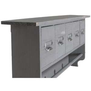 Graues Küchenregal im Shabby Look aus Paulowniaholz mit 5 Schubladen, Haken und Stange.