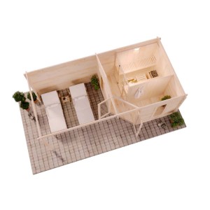 Finntherm Gartensauna Liwa aus Pinie, 608x312cm, 40mm Wandstärke, Aufsicht mit Liegen und Inneneinrichtung.