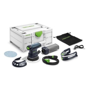 Festool Exzenterschleifer ETS 125 REQ Plus Set: blau-grüner Schleifer, Systainer, Staubfangbeutel, Zubehör.