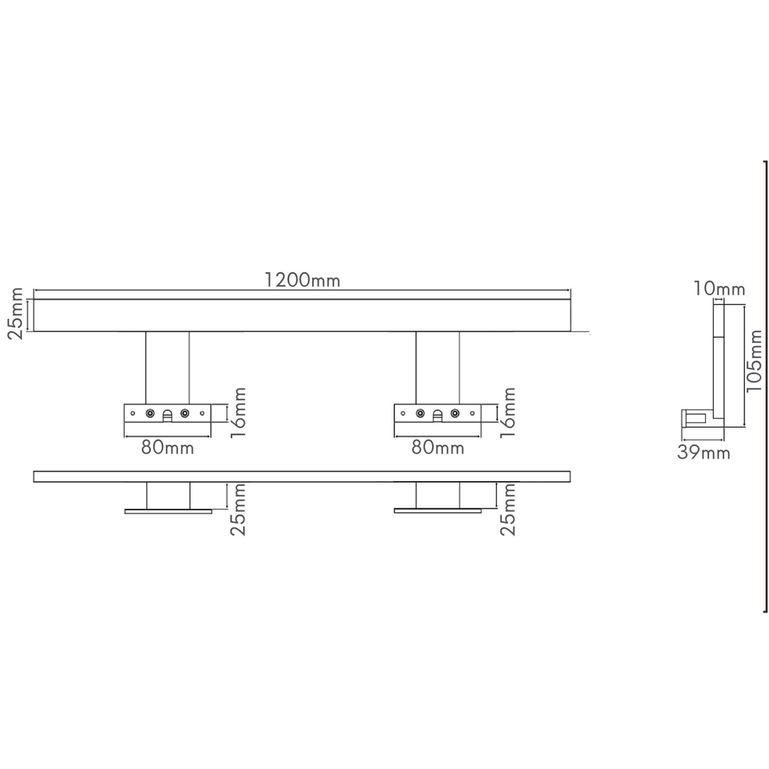 Technische Zeichnung der schwarzen Spectraline LED Spiegelleuchte 120cm für Badezimmer.