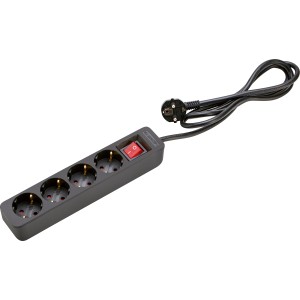 Schwarze 4-fach Steckdosenleiste mit Schalter und 1,4 m Kabel für den Innenbereich.