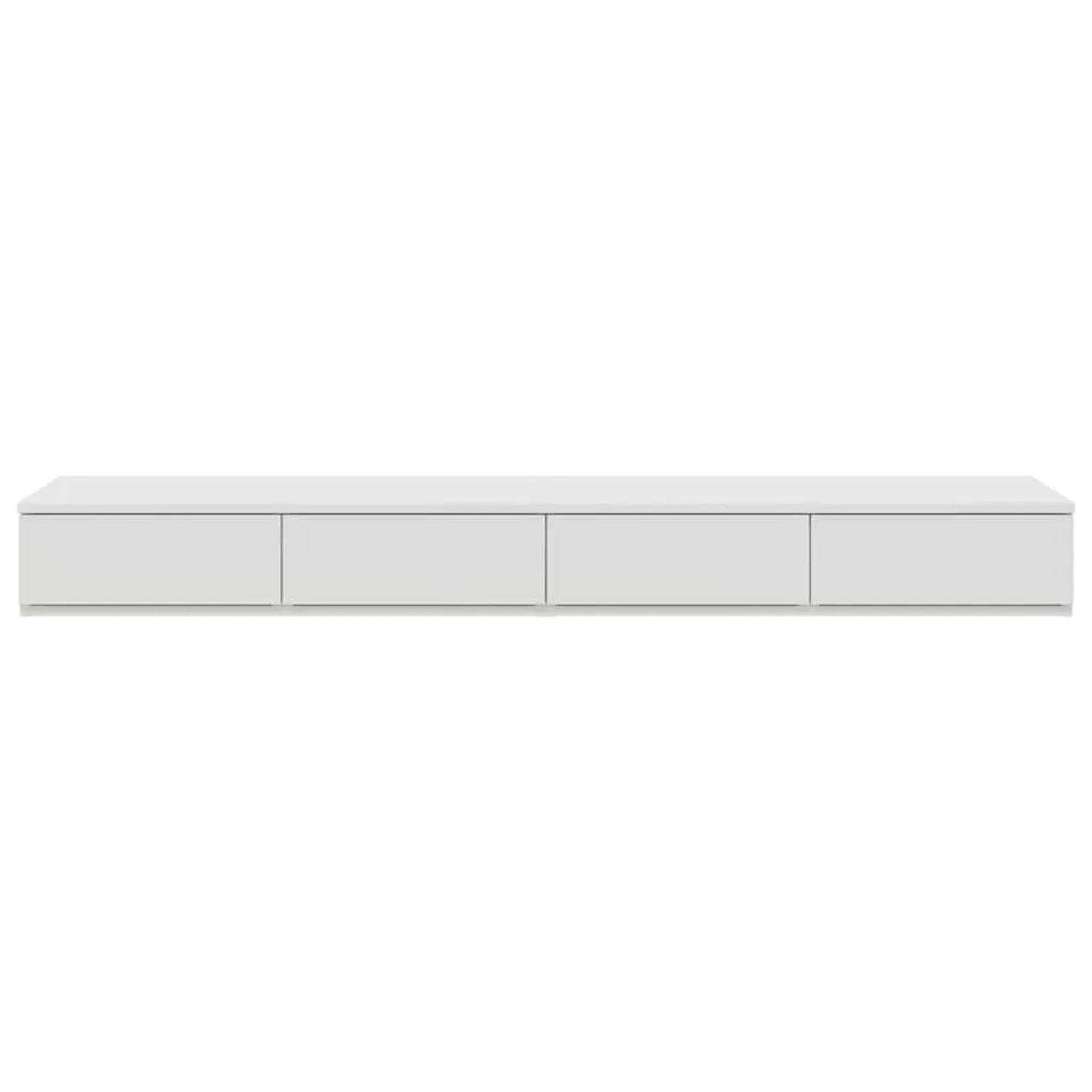 Lange, weiße Bettschubladen aus Holzwerkstoff mit vier minimalistischen Schubladen. Ideal als Nachttisch oder Aufbewahrung im Schlafzimmer.