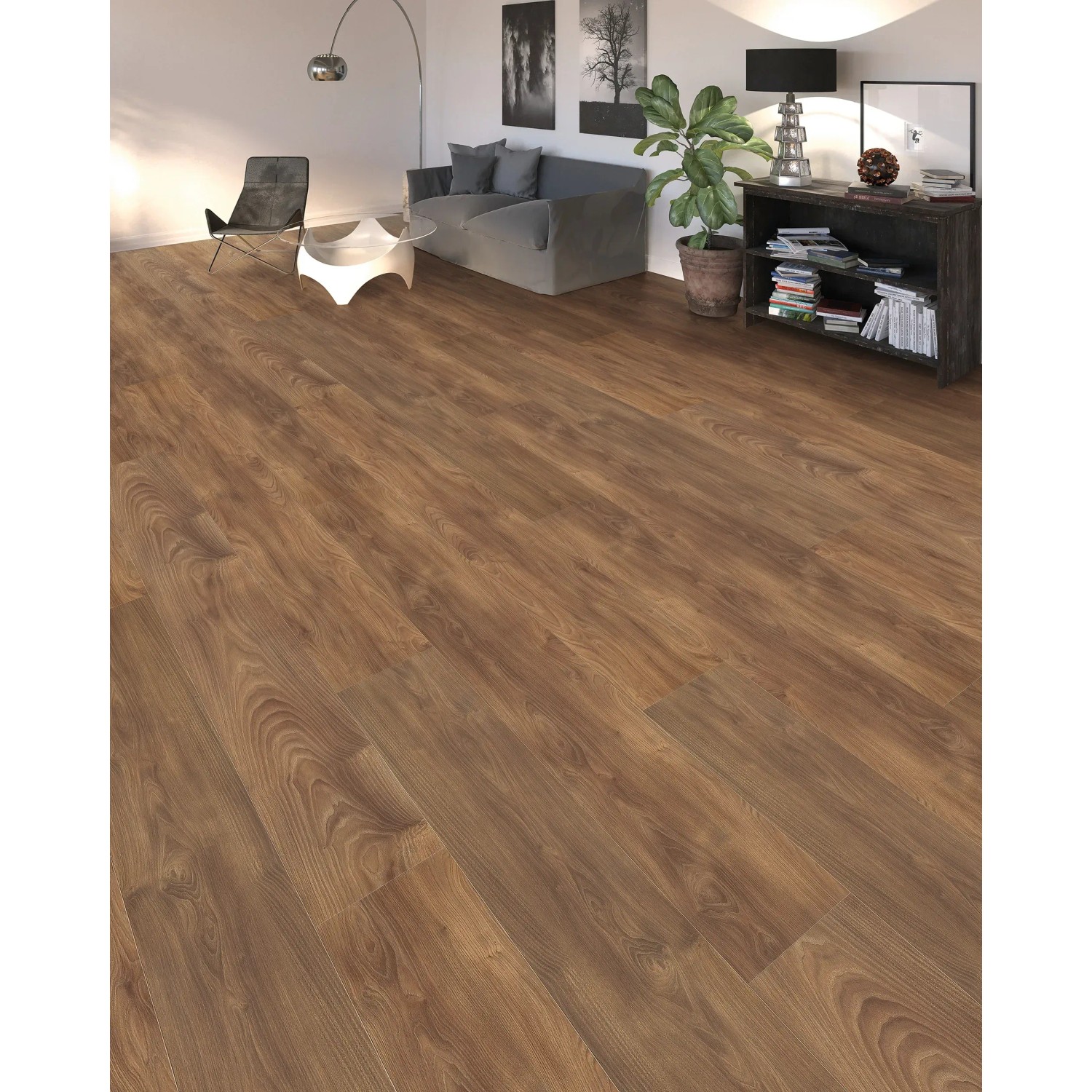 Living by Haro Laminat XL Nussbaum Vario, 8mm stark, im Wohnraum verlegt.