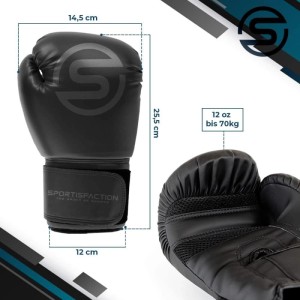 Schwarze Sportisfaction Boxhandschuhe, 12oz Set mit Bandagen und Springseil.
