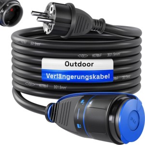 Schwarzes 50m Outdoor Verlängerungskabel mit Stecker und IP44-Schutzkontakt-Kupplung.