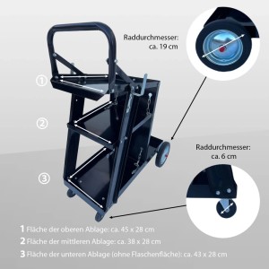 Mobiler Schweißwagen TRUTZHOLM mit 3 Ablagen und Rädern für Schweißgeräte und Gasflaschen bis 80 kg.