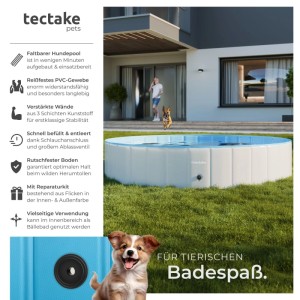 Runder, faltbarer Hundepool Nele von Tectake, grau-blau, 160x30 cm, mit Hund im Garten.