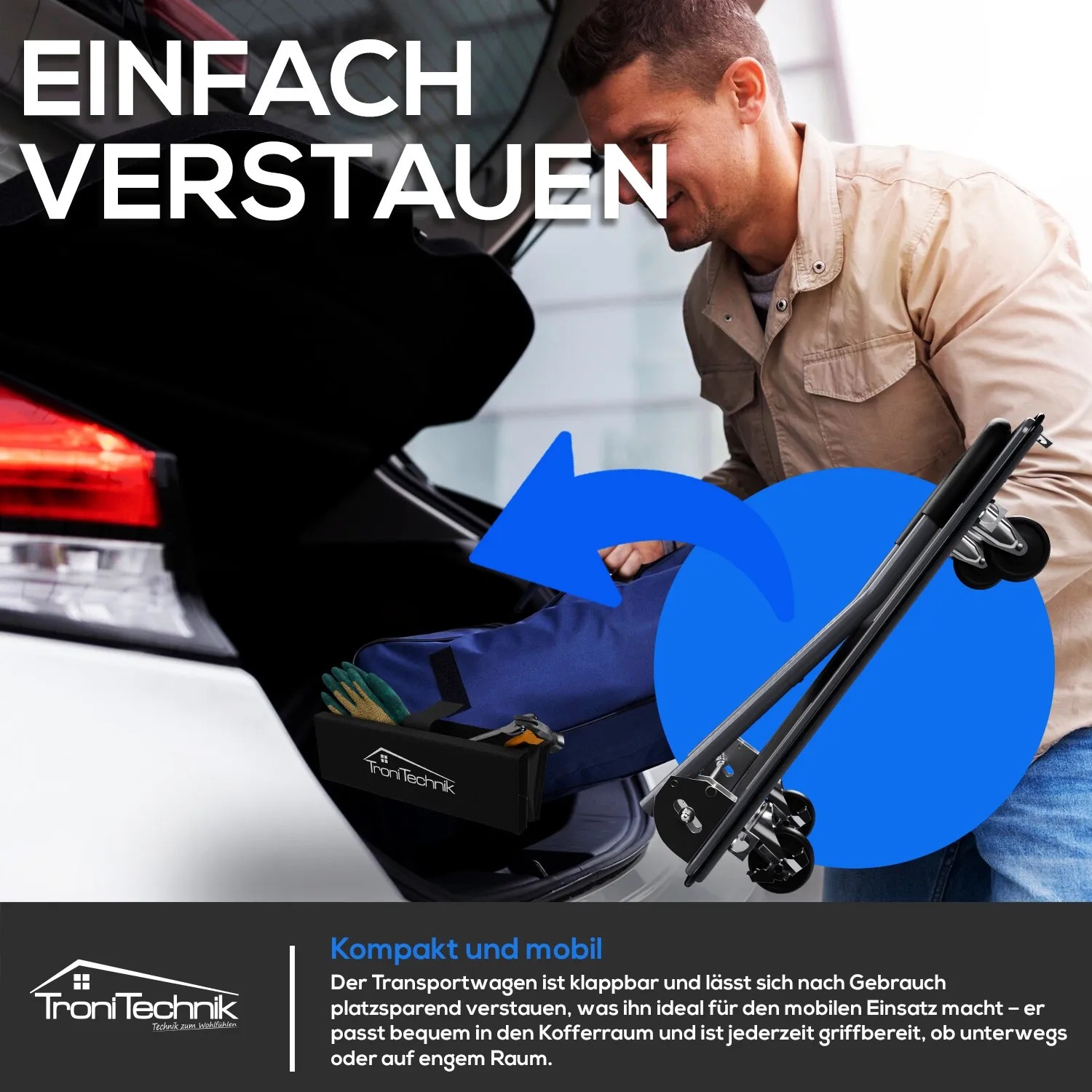 Zusammengeklappter TroniTechnik Transportwagen im Kofferraum, Werkzeugtasche sichtbar.