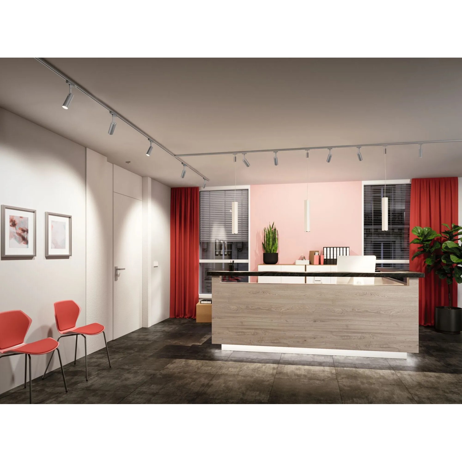 Paulmann URail Pendelleuchte Catalejo, signalweiß, im modernen Büro mit Schienensystem.