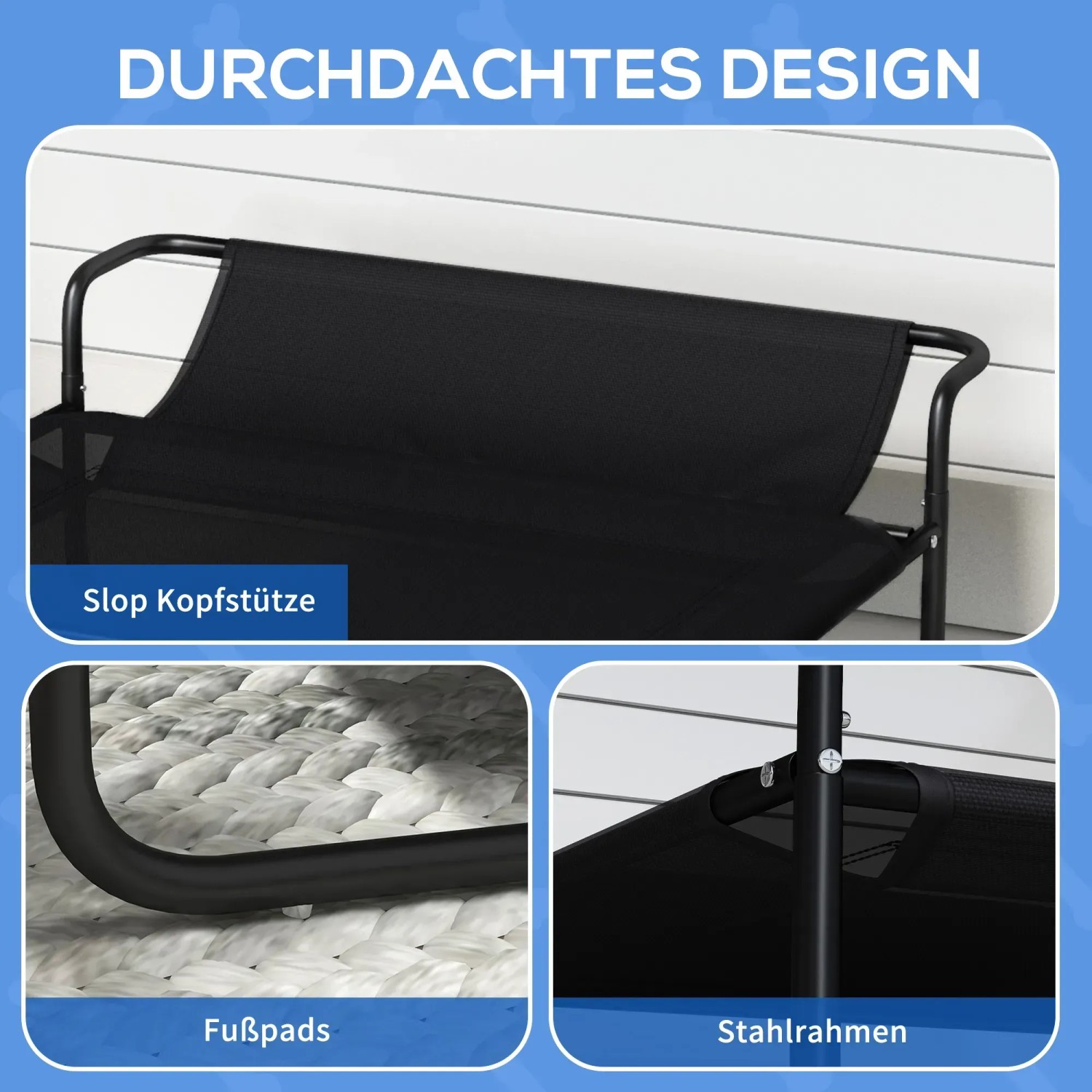 Detailansicht: PawHut Hundeliege mit Stahlrahmen, Mesh-Bett und geneigter Kopfstütze.