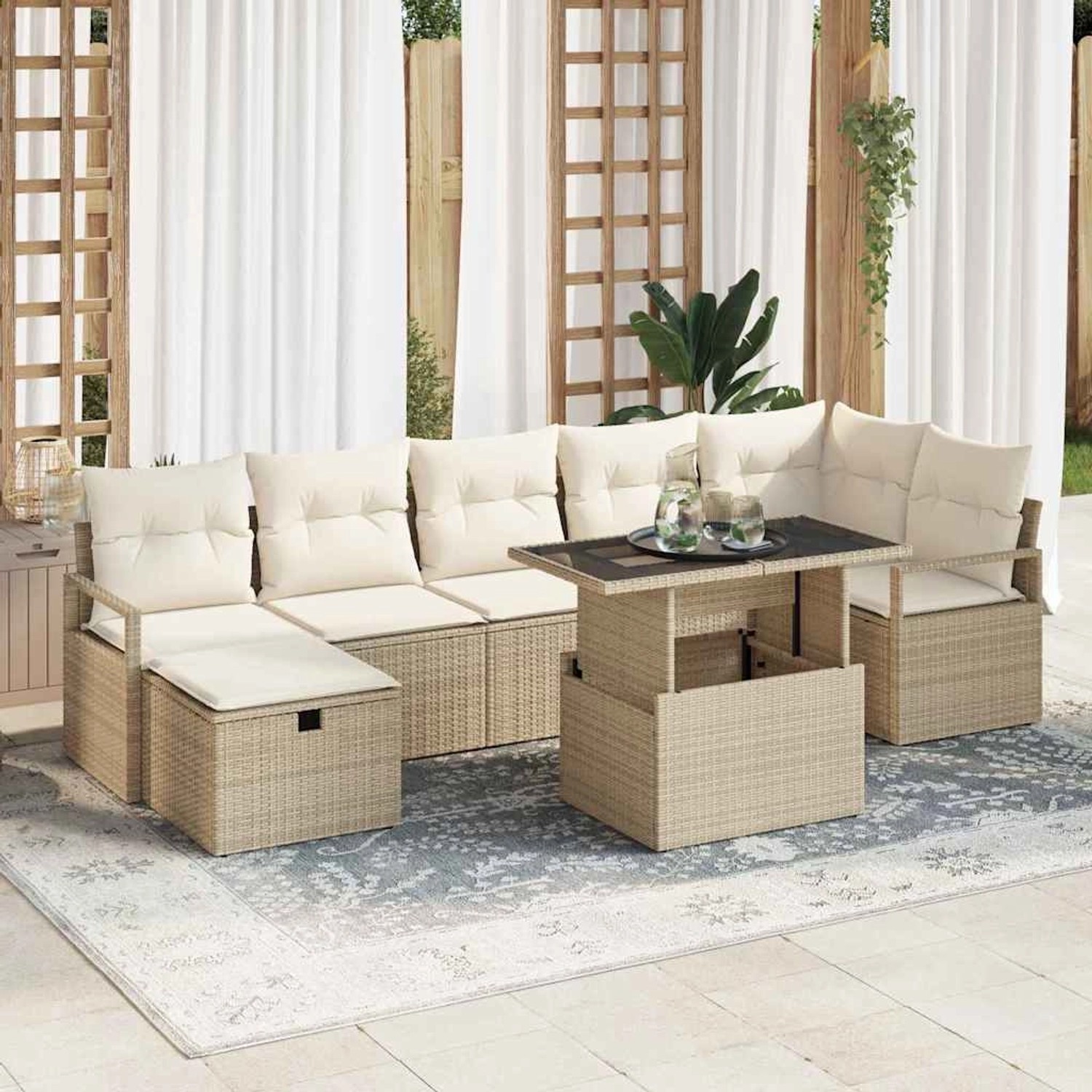 Beiges 8-teiliges vidaXL Garten-Sofa-Set mit Kissen und Stauraum aus Polyrattan.