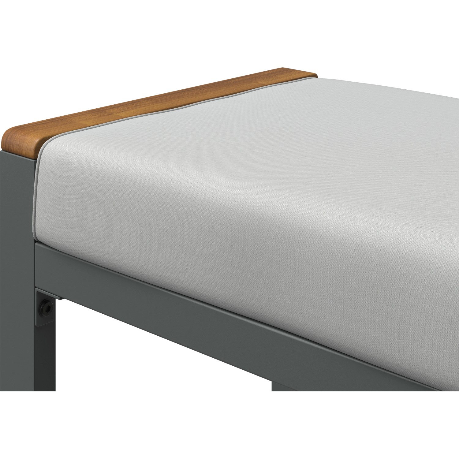 Detailaufnahme: Beige Polster und Akazienholz-Akzente der Loungegruppe Moonbeam.