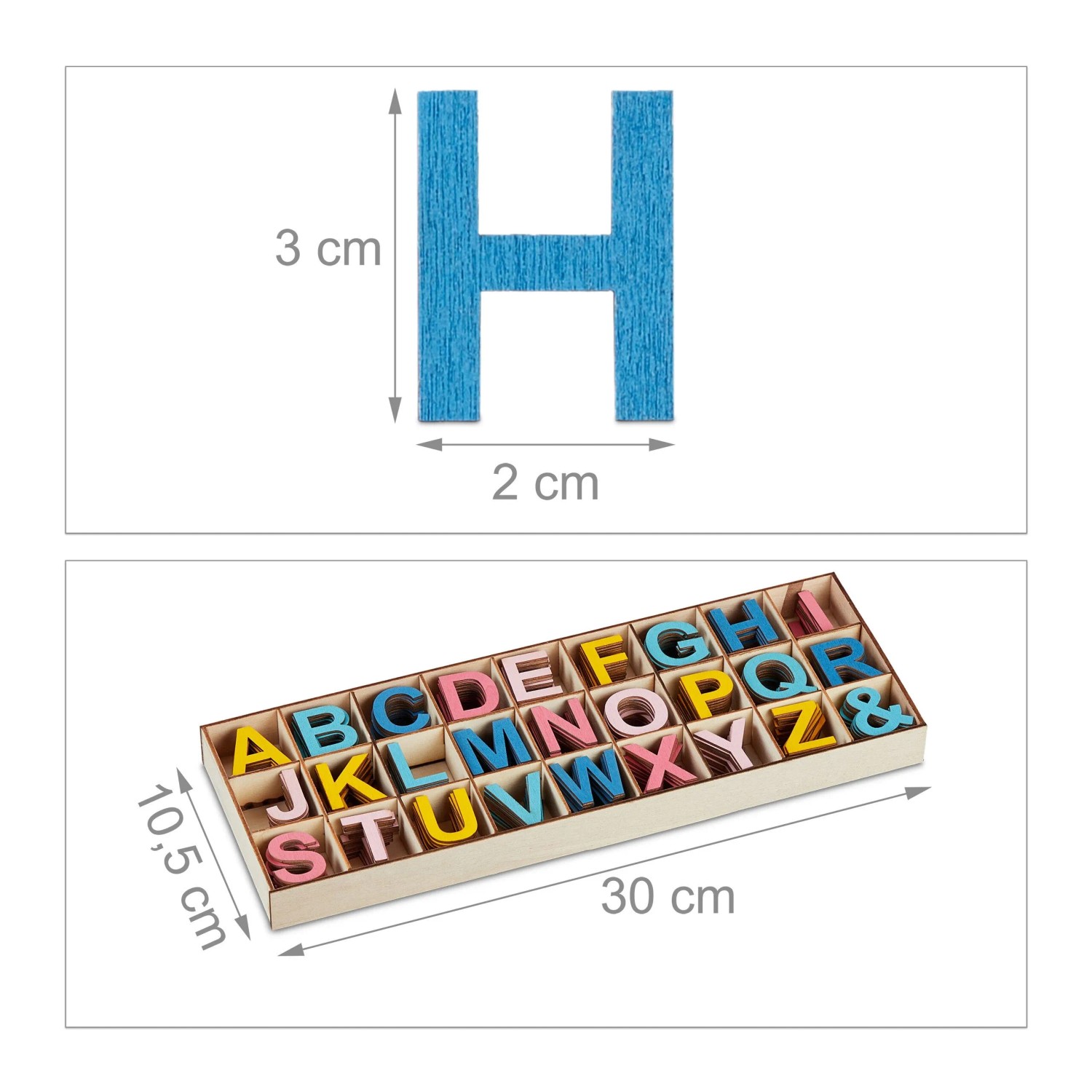 Relaxdays Holzbuchstaben Set Holz Bunt mit Sortierkasten 3 cm 170 g_4