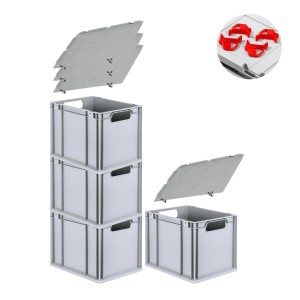 PROREGAL Spar Set: 4 graue Euroboxen mit Deckel und roten Schiebeverschlüssen, 30 Liter.