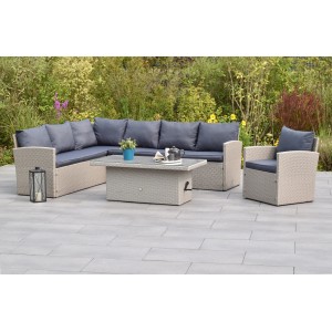 Merxx Chicago Eck-Set: Lounge-Gartenmöbel mit grauen Kissen und Tisch, Kunststoffgeflecht.