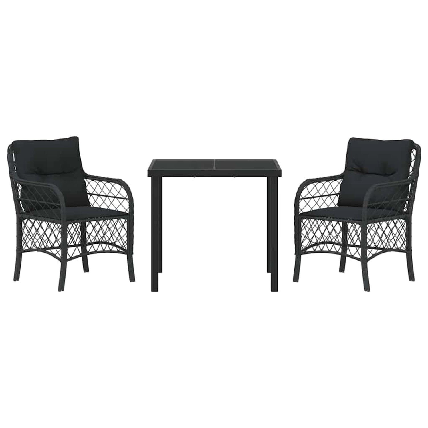 Schwarze 3-tlg. Garten Essgruppe aus Poly Rattan mit Tisch und Stühlen inklusive Kissen.