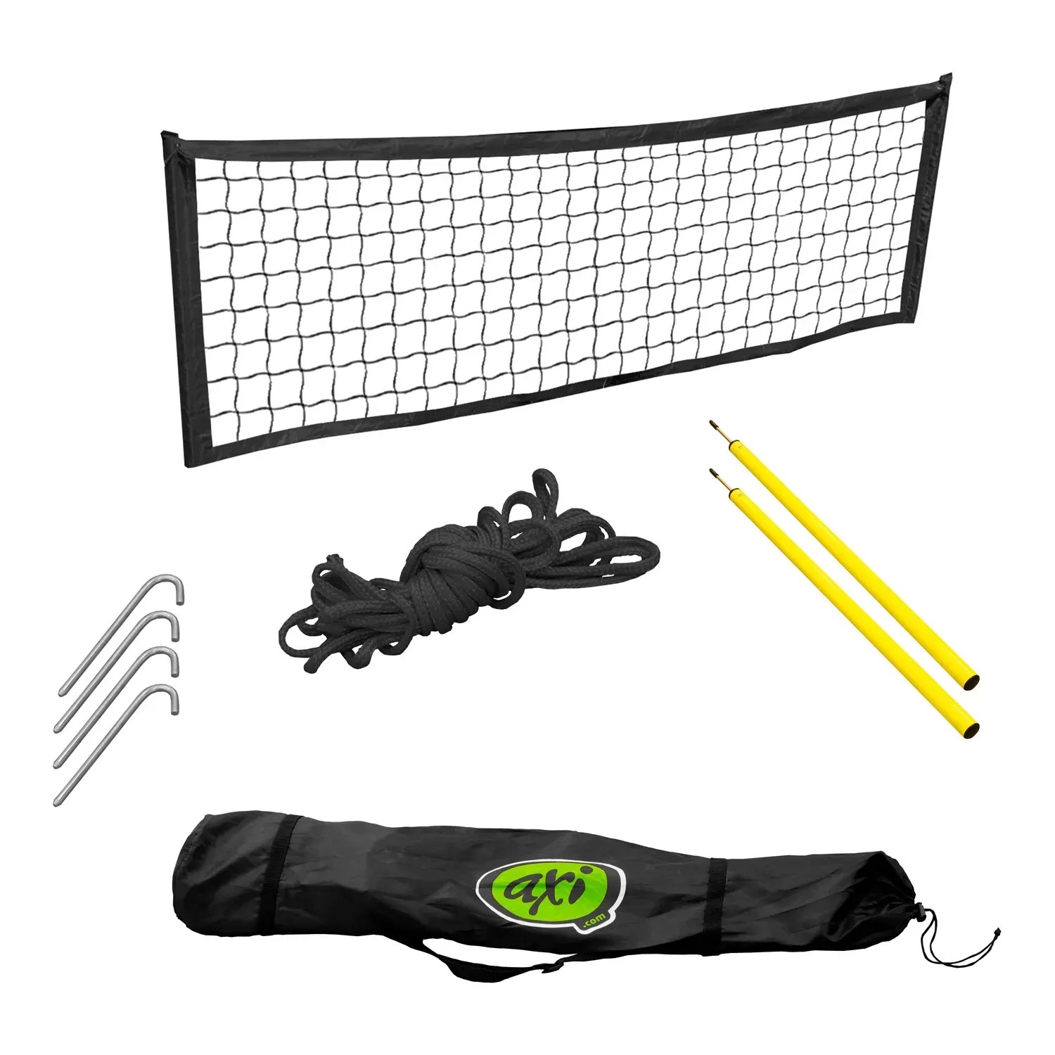 Axi Sportnetz SportNet300 schwarz, inklusive Netz, Heringe, Seil, gelbe Stäbe und Tragetasche.