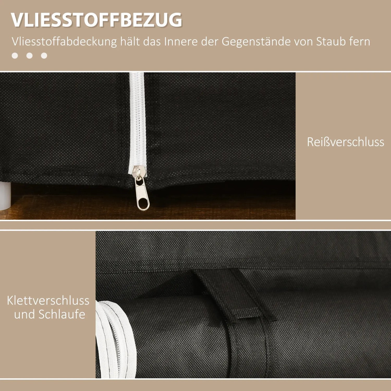 Detailaufnahme Stoffschrank: Reißverschluss, Klettverschluss und Staubschutz aus Vliesstoff.