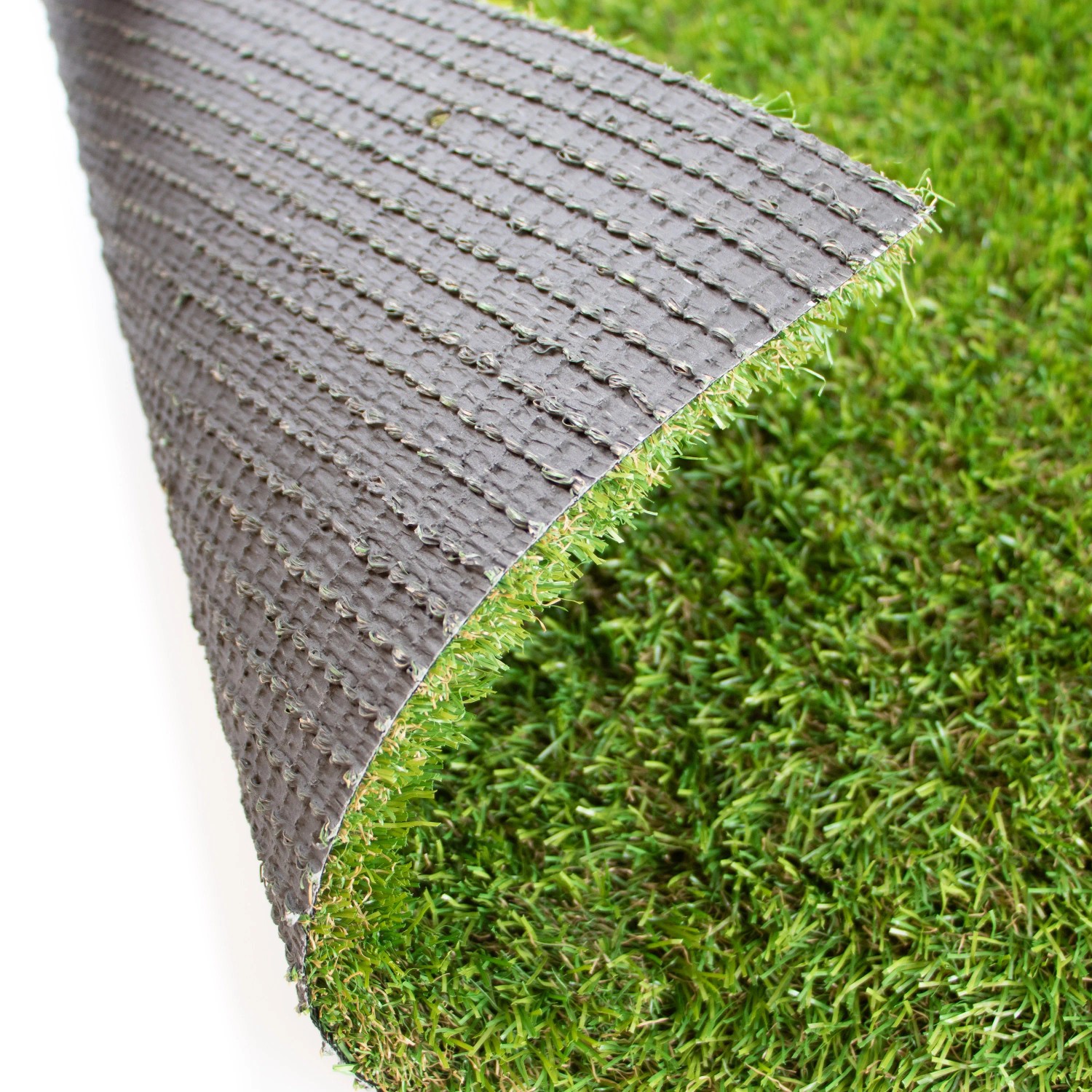 Primaflor Kunstrasen Milo, 4x25m Rolle, Detailaufnahme der Rückseite und der grünen Oberfläche.