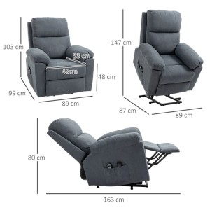 Grauer HOMCOM Sessel mit Aufstehhilfe und Liegefunktion, in drei Positionen mit Maßen dargestellt. Loungesessel.
