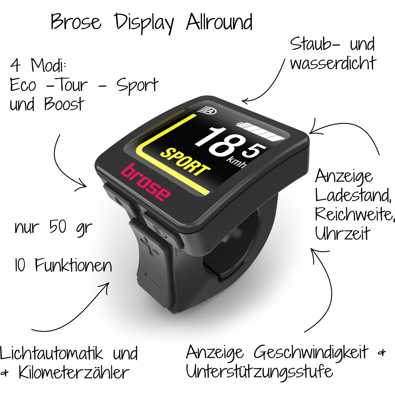 Brose Allround Display für Fischer E-Bike: Anzeige von Geschwindigkeit, Akku und Fahrmodi.