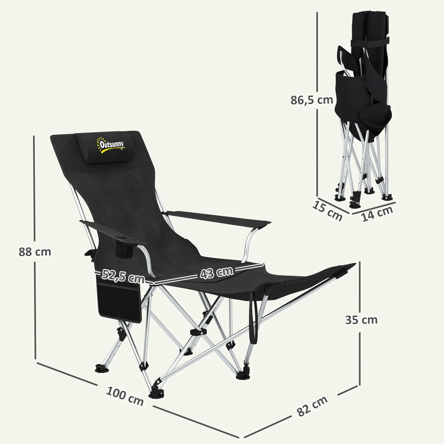 Outsunny Campingstuhl Metall Oxfordstoff Schwarz 82L x 100B x 88H cm_3