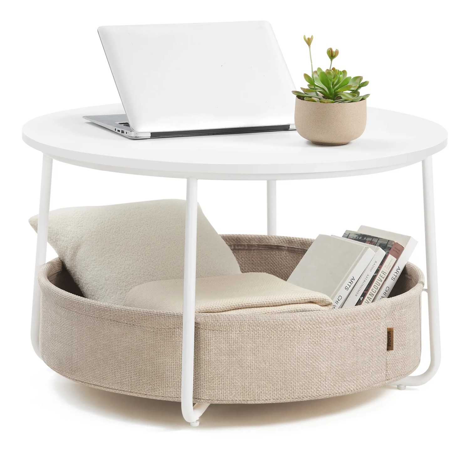 Weiß-brauner Vasagle Couchtisch (75x75x45cm) mit Stauraumkorb für Wohnzimmer.