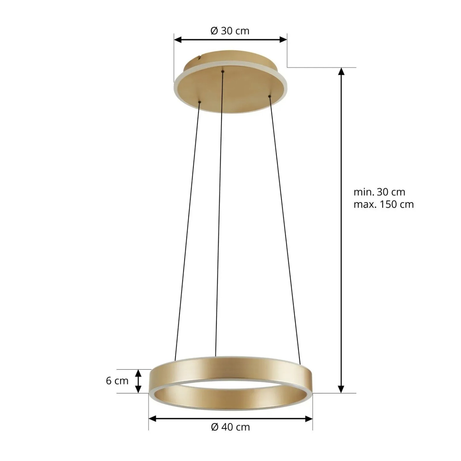 Moderne LED-Pendelleuchte Lucande Tindra in Gold/Messing, 40 cm Durchmesser, für Wohnzimmer.