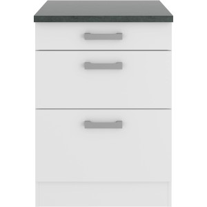 OPTIFIT Oslo214 Unterschrank, 60 cm, Feinstruktur Weiß mit Schubladen und anthrazitfarbener Arbeitsplatte.