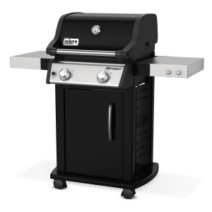 Schwarzer Weber Gasgrill Spirit E-215 GBS mit 2 Brennern und Edelstahl-Ablagen.
