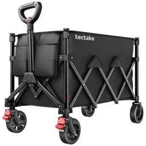 Faltbarer, schwarzer Bollerwagen von Tectake mit Kunststoffrädern und Teleskopgriff. Ideal für Camping.