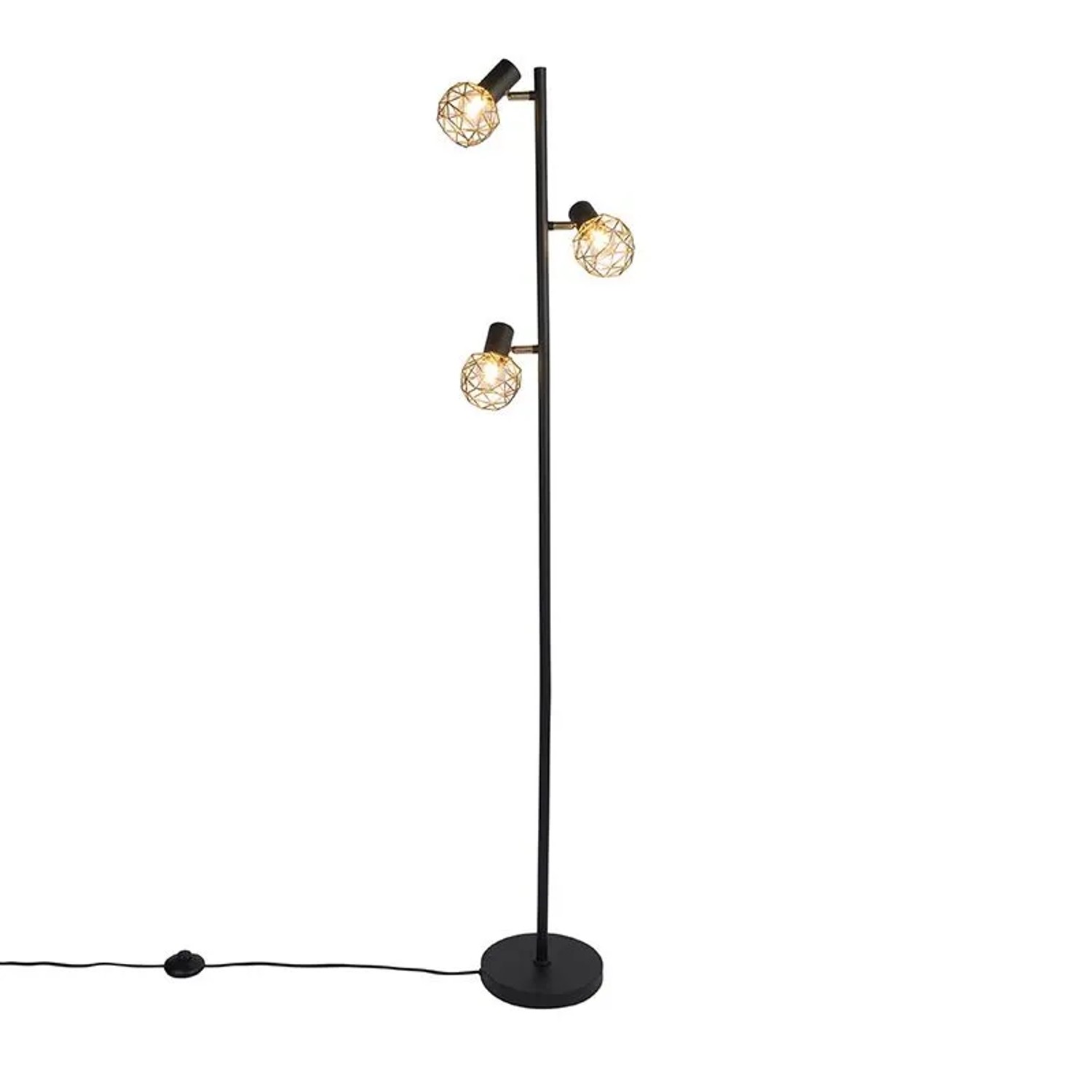 QAZQA Design Stehleuchte Schwarz mit Gold 3 Licht Verstellbar Mesh