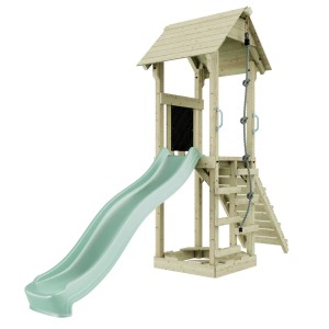 OutdoorToys Spielturm Lillehammer in Mintgrün mit Rutsche, Kletterseil und Leiter.
