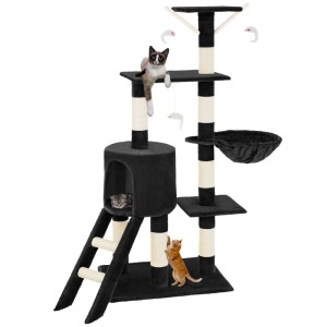 Schwarzer Tectake Kratzbaum Dominik, 144 cm hoch, mit Katzen und Spielzeugmäusen.