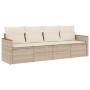 Beige 4-tlg. Garten-Sofagarnitur aus Rattan mit cremefarbenen Kissen.