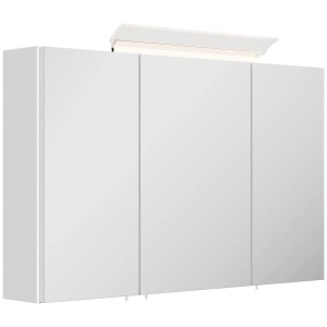 Weißer Hochglanz Spiegelschrank, 100 cm breit, mit 3 Spiegeltüren und integrierter LED-Lampe.