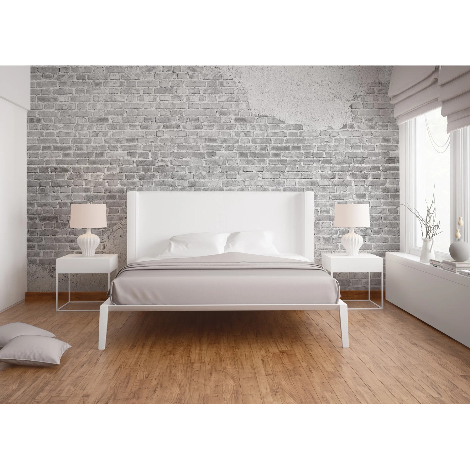 Schlafzimmer mit Fototapete Steinwand Klinker Putz Industrial Weiß 3,50 m x 2,55 m FSC®