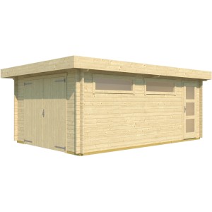 Einzelgarage 441 aus naturbelassenem Holz mit Holztor und Fenstern.