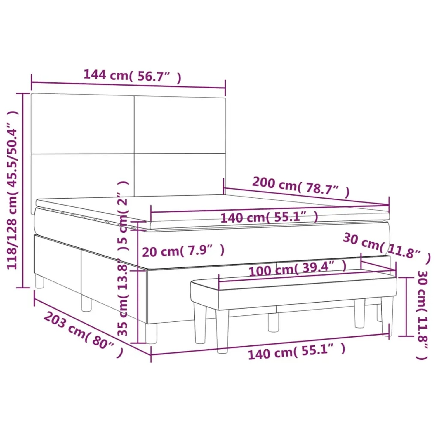 vidaXL Boxspringbett Taupe 140x200 cm mit Matratze, Kopfteil und Bank. Bett in Stoffoptik mit Maßangaben.
