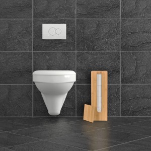 Freistehender Relaxdays Toilettenpapierhalter aus Bambus neben Toilette im Bad.