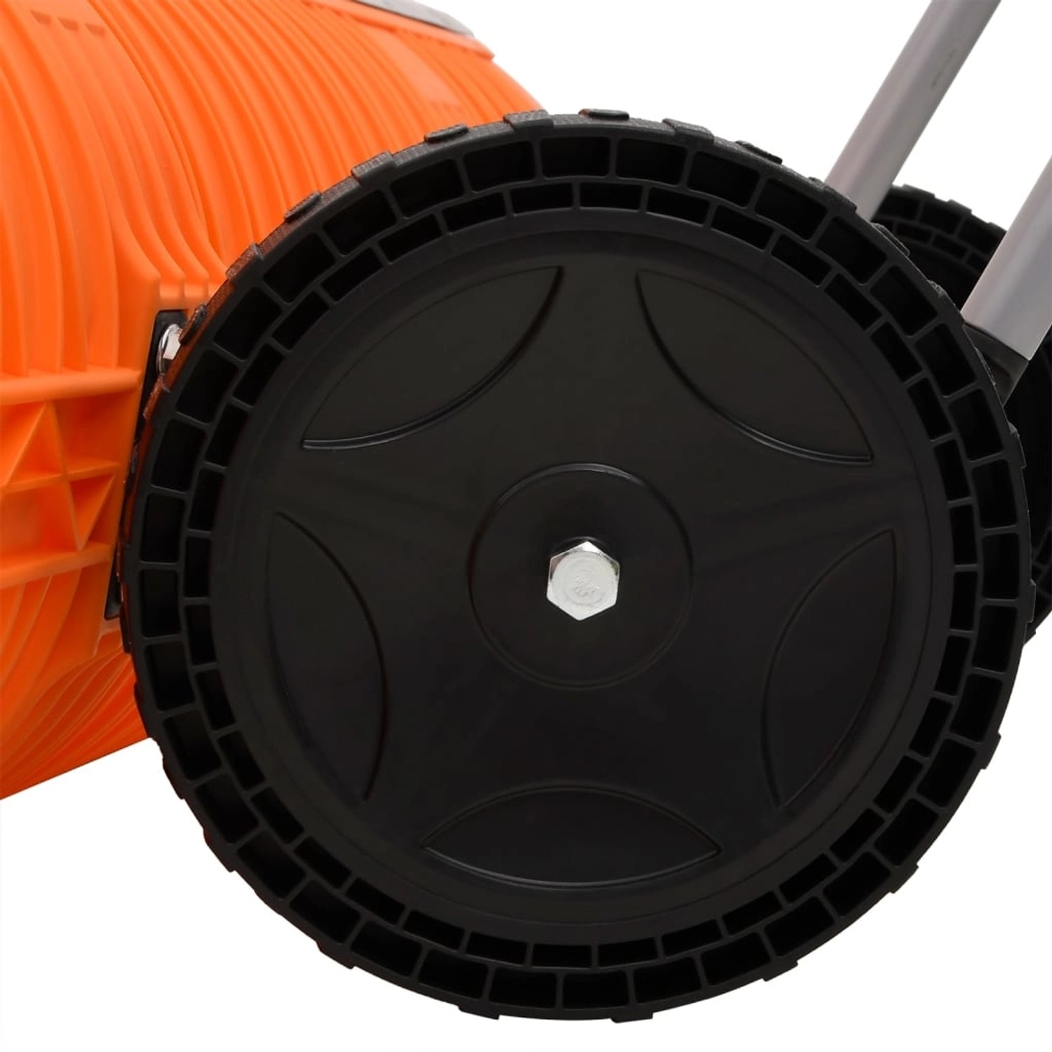 Detailaufnahme: Schwarzes Rad am orangefarbenen vidaXL Schneeschieber mit Stahlgriff.