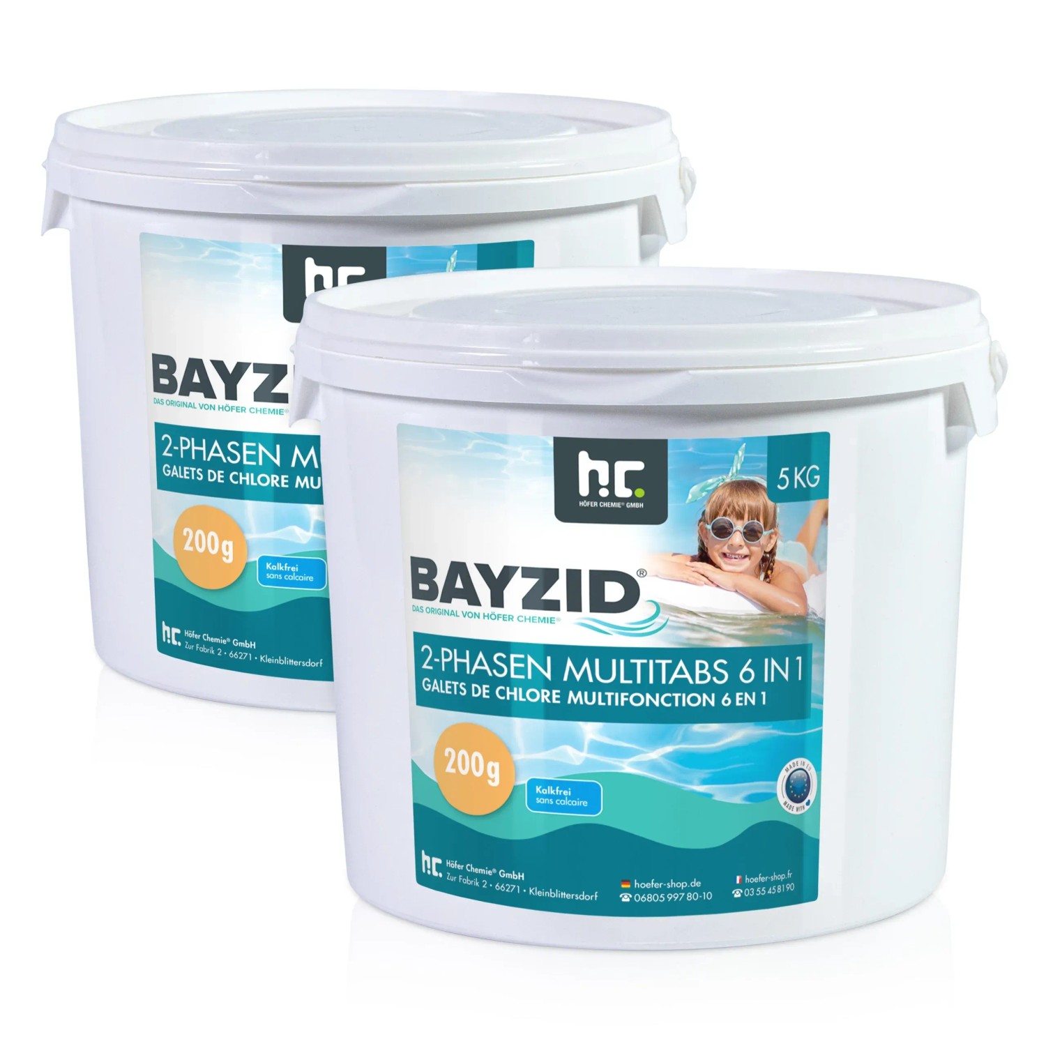 Bayzid 6in1 Multitabs, 2 Eimer Poolreinigungstabletten, 200g und 5kg Gebinde.