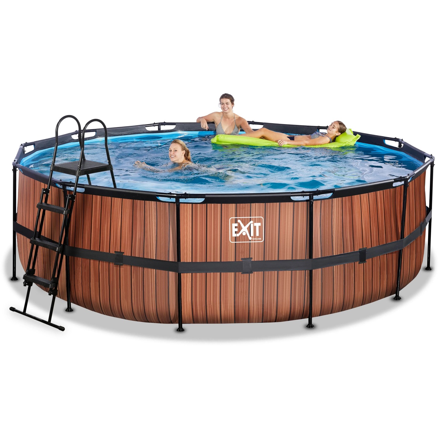 EXIT Wood Pool Ø450x122cm mit Filterpumpe und Poolleiter im Garten mit Badenden.